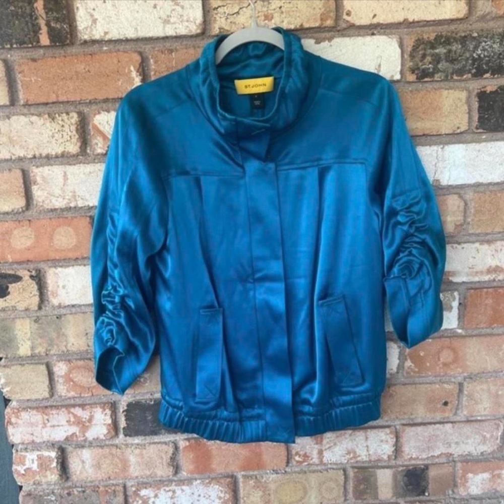 St. John Teal Satin Women's Bomber Jacket